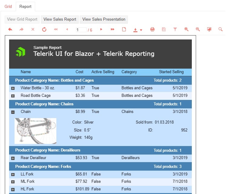 Telerik UI for Blazor Grid & Blazor ReportViewer Integration In the Report tab, we see a sample report with a list of categories and their products, which can be expanded. When they are minimized, the products still show name, cost, active selling true/false, category names, and started selling date. Under category Chains, we see product Chain has been expanded. It shows an image of a bike chain, color, size, weight, and ID number in addition to the collapsed version of the data, which is also shown.