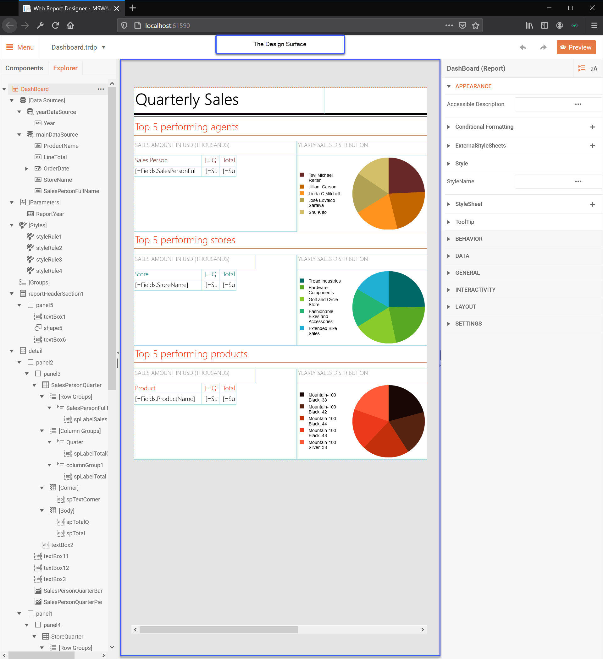 Web Report Designer Design Surface