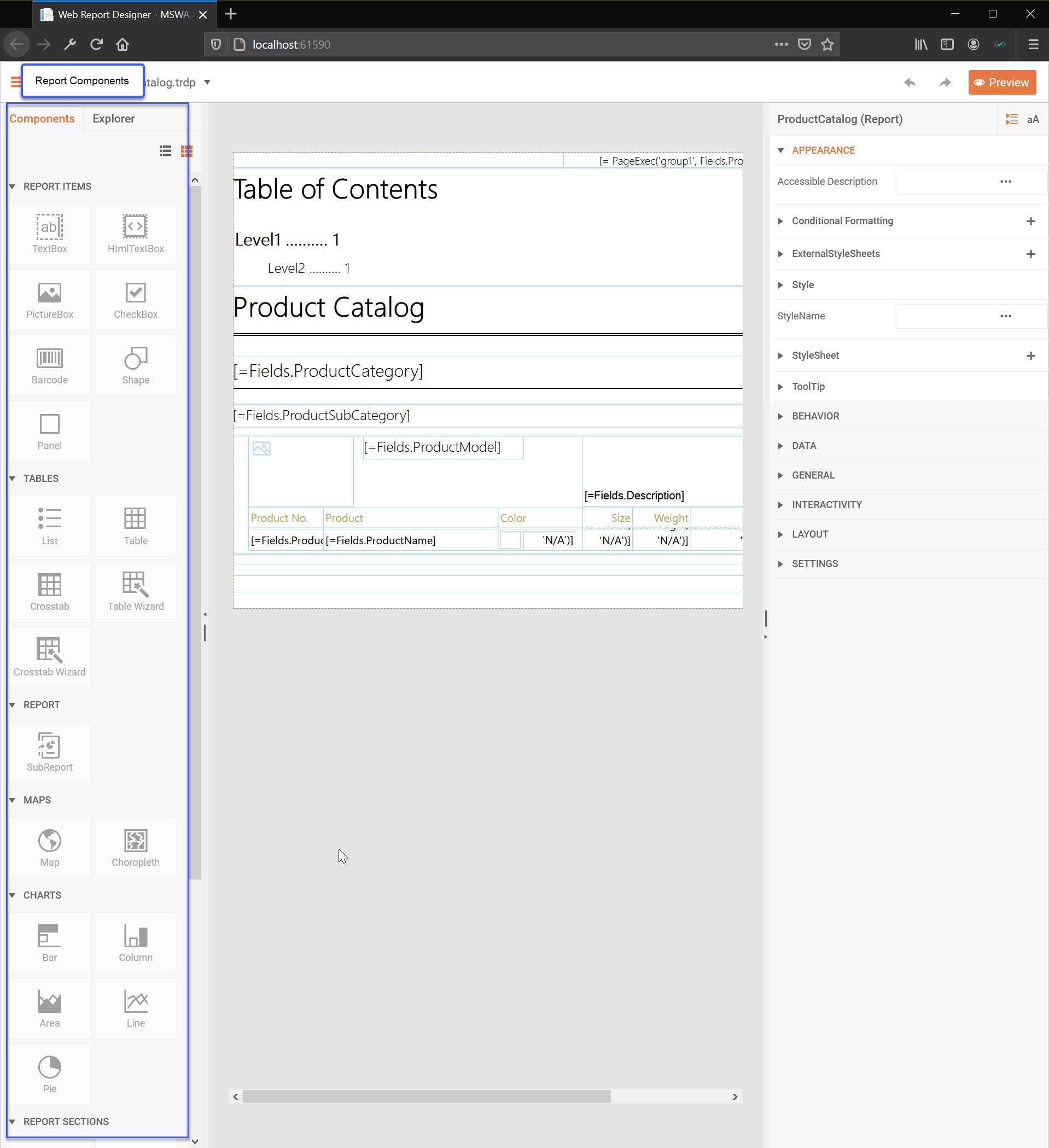 Web Report Designer Report Components