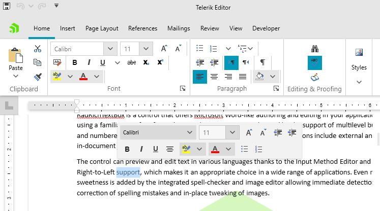 RTB-SelectionMiniToolbar In the Telerik Editor window, a word is selected, and the mini toolbar that pops up has a gray background.