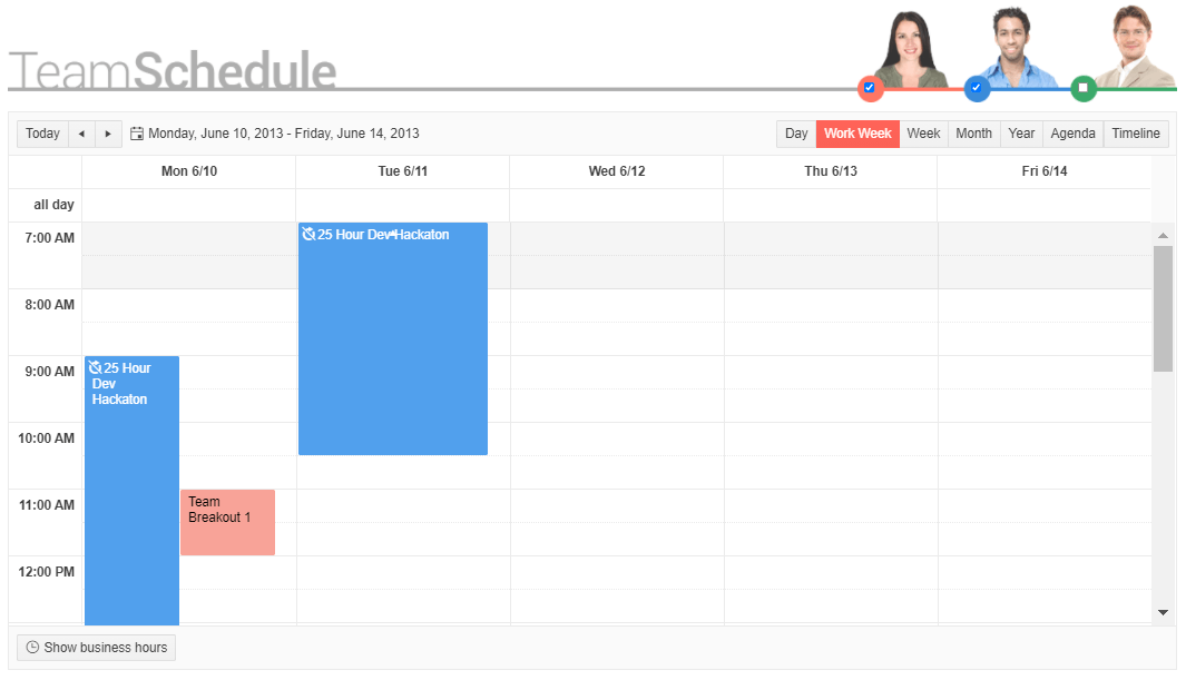 Telerik UI for ASP.NET Core Scheduler 24-hour Event In a weekly team calendar, a 25-hour dev hackathon is shown as an event running in a vertical bar from 9am on Monday through 10am Tuesday.