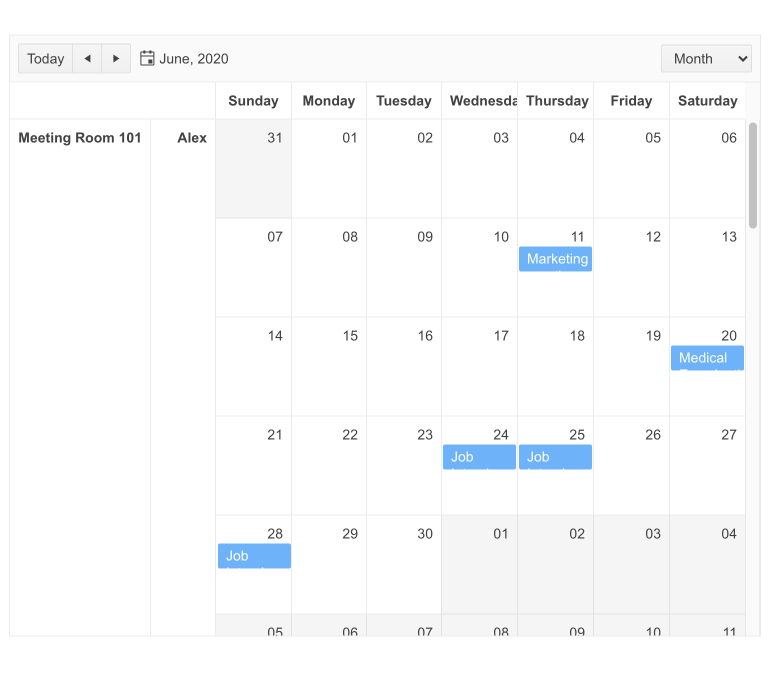Telerik UI for ASP.NET Core Scheduler Hierarchical Grouping A calendar for June 2020 shows some events. At the left, two columns show Meeting Room 101, and Alex