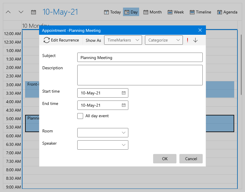 Scheduler Scheduler has an appointment open for Planning Meeting. The editable options include subject, description, recurrence, categorize, show as, start time, end time, all-day event, room, speaker.
