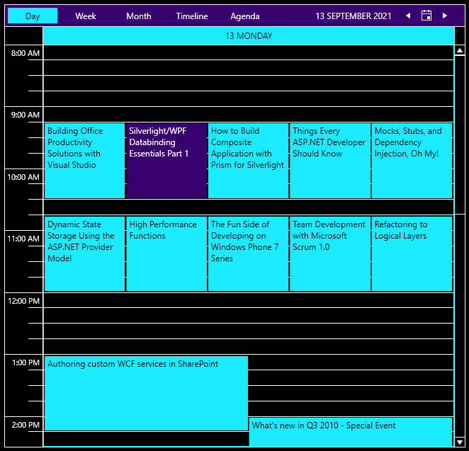 ScheduleView-HighContrast ScheduleView-HighContrast - black background with white text, a dark blue nav bar, and highlights in bright teal