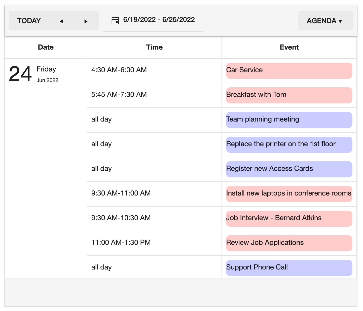 KendoReact Scheduler Component Agenda View, Alternate - with colored events, distinguishing between all-day events and timed events
