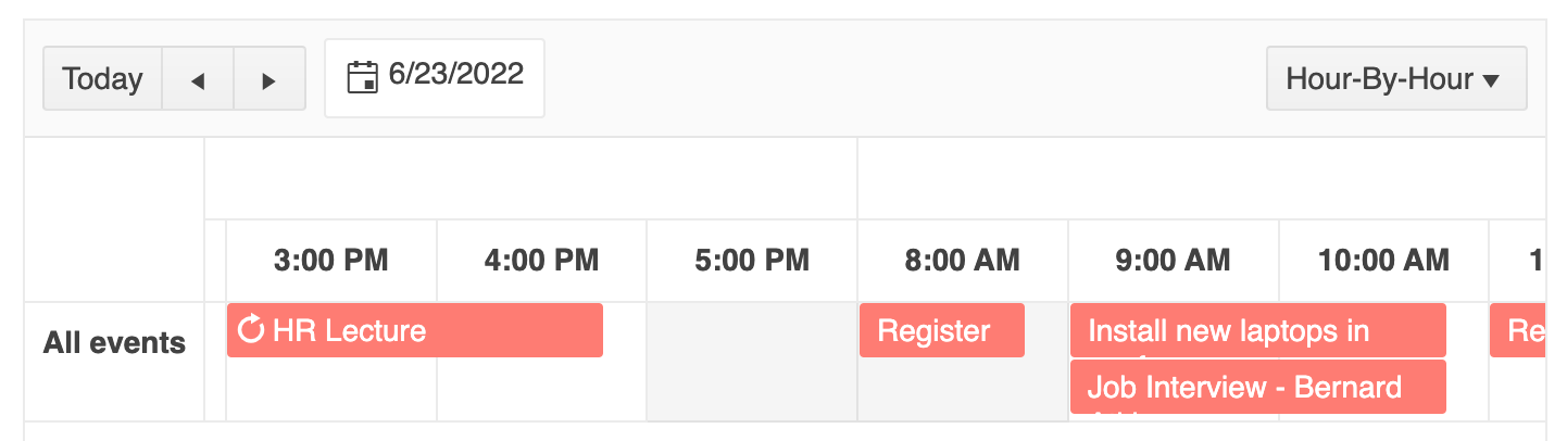 KendoReact Scheduler Component Timeline View lays out hour by hour horizontally