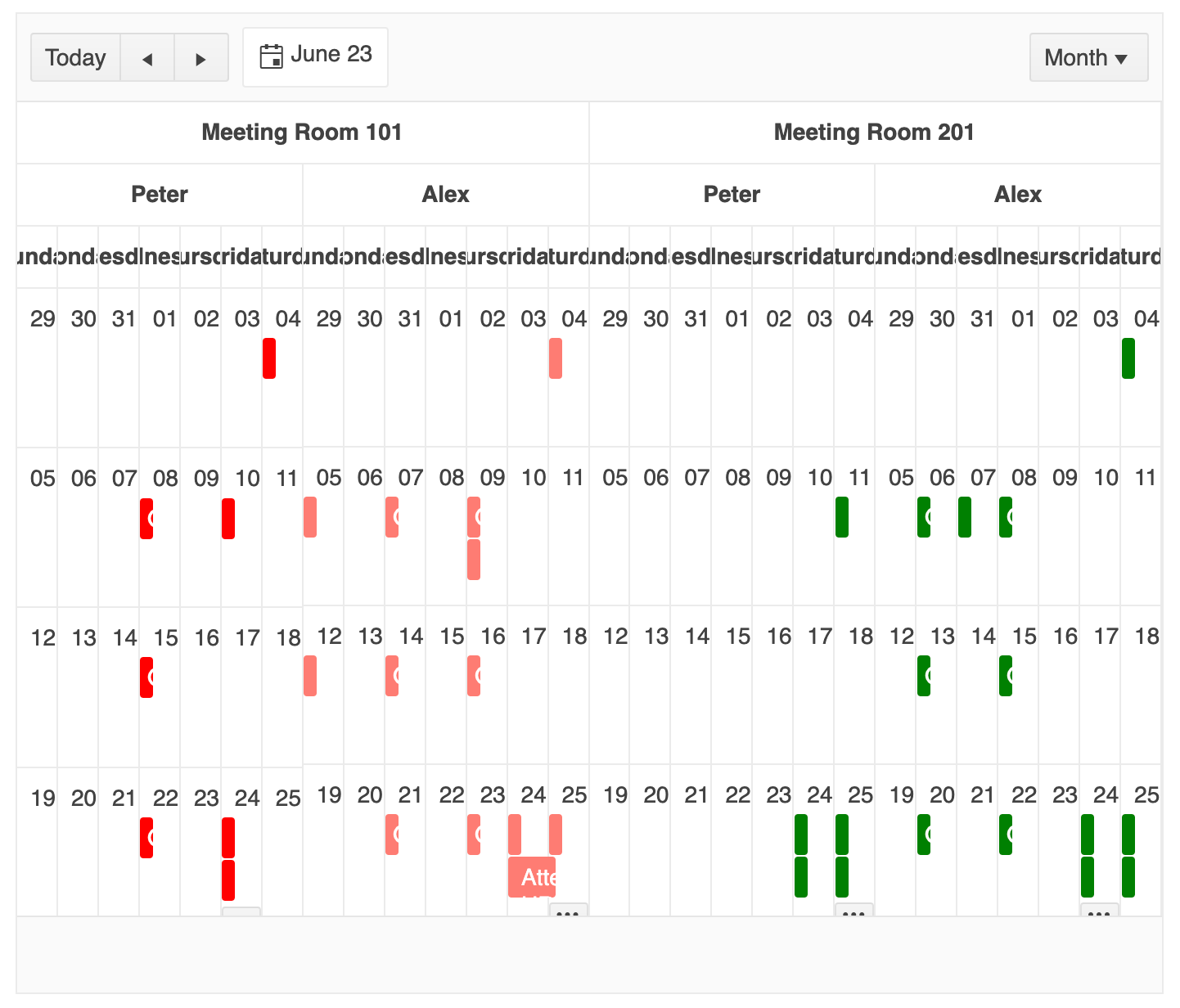 KendoReact Scheduler Component Month View, Alternate shows two rooms' calendar events for the month