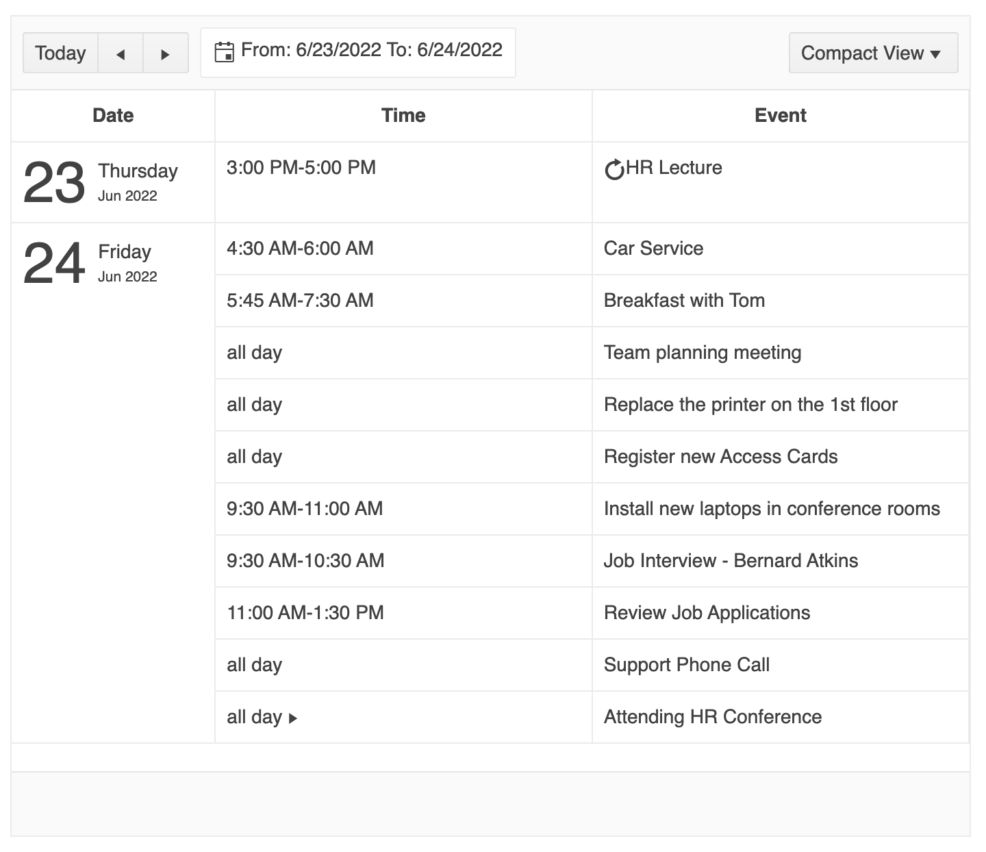 KendoReact Scheduler Component Agenda View shows a list of events and the times they take place