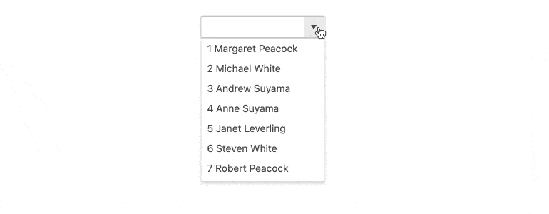 Telerik UI for Blazor DropDownList Virtualization A dropdown lets the user scroll through a list of numbered names, for instance '1 Margaret Peackock'. We see the number get to at least 182.