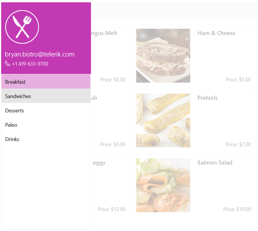 SideDrawer A food menu UI is grayed out as a left-hand side menu is pulled out. This SideDrawer show contact info and then categories of food.