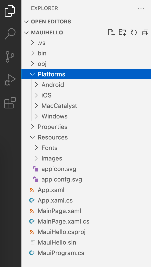 SingleProject SingleProject - Explorer menu Open Editors - MAUIHELLO - Platforms - lists Android, iOS, Mac Catalyst, Windows