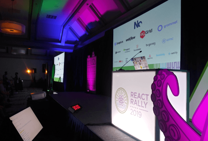 Stage prepped for next React Rally 2019 speaker: Kent C Dodds React Rally Stage