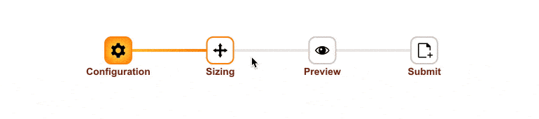 Telerik UI for Blazor Stepper Templates Telerik UI for Blazor Stepper Templates - the four steps are in an orange color with icons: configuration, sizing, preview, submit.