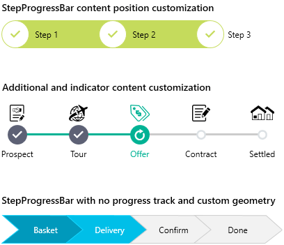 RadStepProgressBar customization examples RadStepProgressBar customization examples include a bar with a thick green line connecting circle steps, all the same height, and the step titles are just to the right of each circles; circles connected by a thin line, and titles below and icons above each circle; steps are interlocking chevrons, colored dark blue when completed, light blue when active, and light gray when not started.