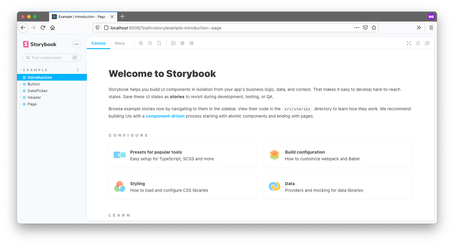 Default Storybook look Default Storybook look. Navigation on the left. Main window shows 'Welcome to Storybook' and includes some options below Configure and Learn.