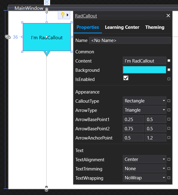 SuggestedActions-Callout In a design MainWindow, a turquoise box says, 'I'm RadCallout.' A Properties window is open, showing content, background color, isEnabled, and many details about the shape and anchor points and the text layout.