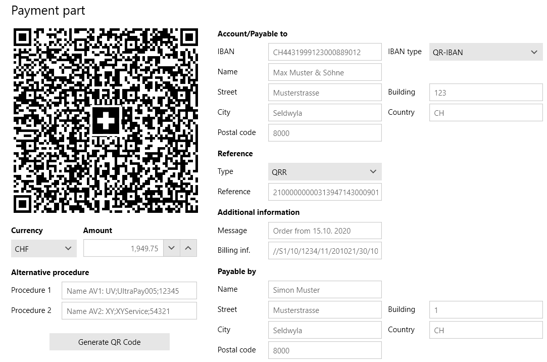 SwissQR Barcode A Swiss QR code (with recognizable Swiss cross in the center) is being set up with payment information, including currency, amount, payable to account, and payable by info.