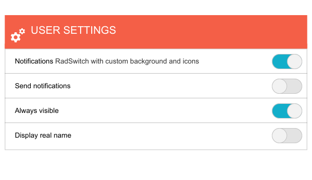 Telerik UI for ASP.NET Switch UI Component User settings window shows toggles for Notifications - RadSwitch with cutom background and icons, set to on; Send notifications, set to off; Always visible, set to on; and Display real name, set to off.