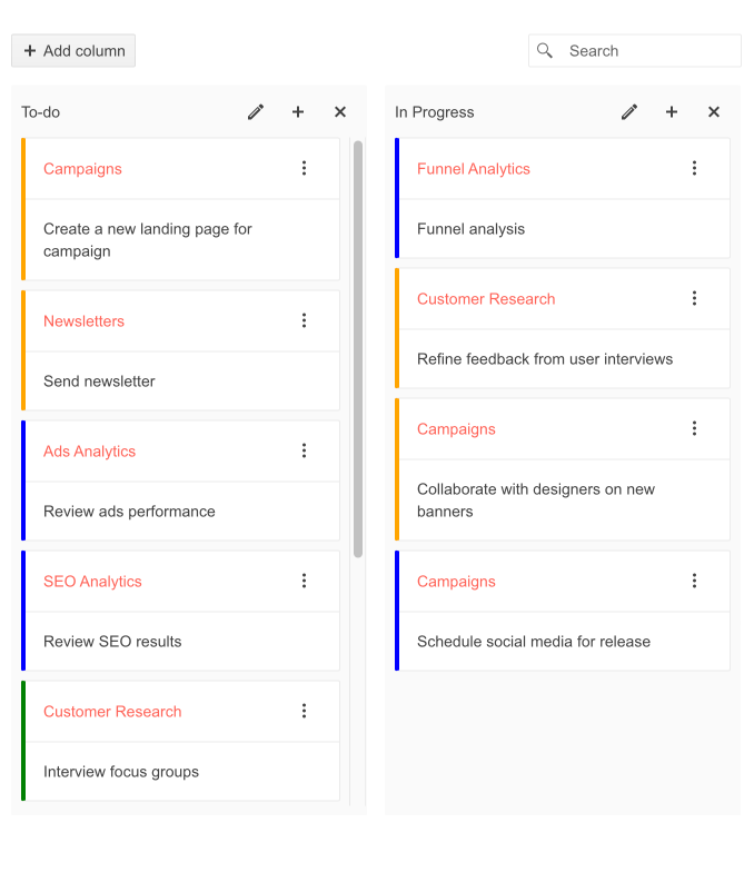 Telerik UI for ASP.NET MVC Task Board Categorization Two more lists, To-Do and In Progress, have cards with a title in pink text and description in black text, and then the left edges of the cards show a yellow, blue or green narrow bar of color.