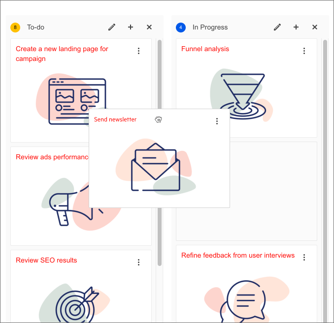 Telerik UI for ASP.NET MVC Task Board Component Two side-by-side vertical lists show stacked cards with large icons. The To-Do list on the left has a 'Send newsletter' card being grabbed and moved—possibly to the Done list on the right.