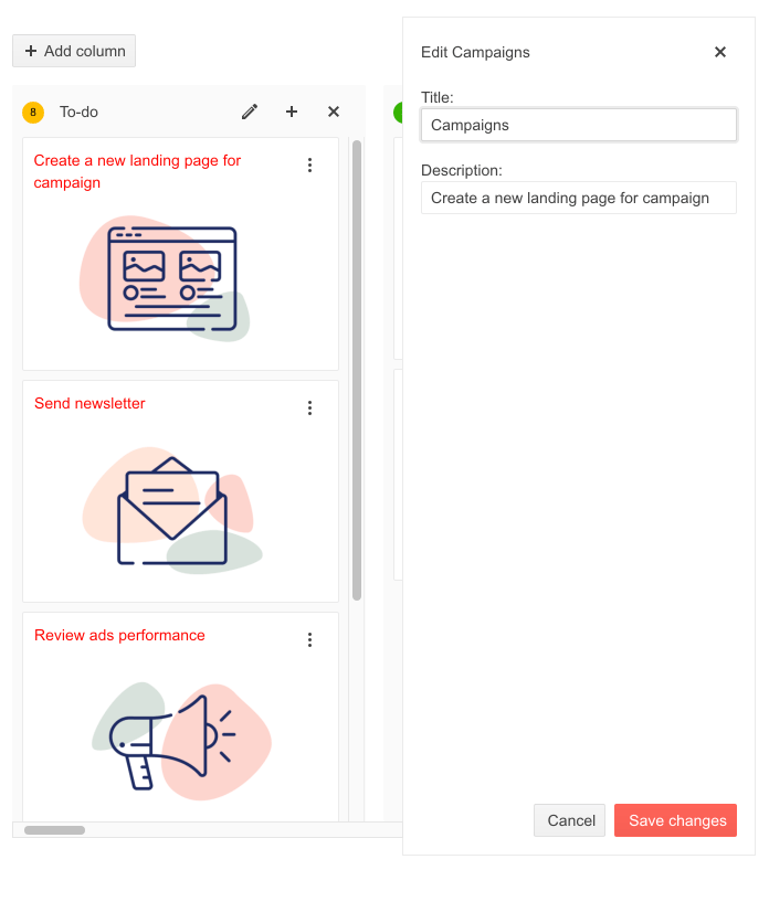Telerik UI for ASP.NET Core Task Board Card Editing Over top of the lists we saw last, there is a window open called 'Edit Campaigns', with fields for title ('Campaigns' is written here) and description ('Create a new landing page for campaign').