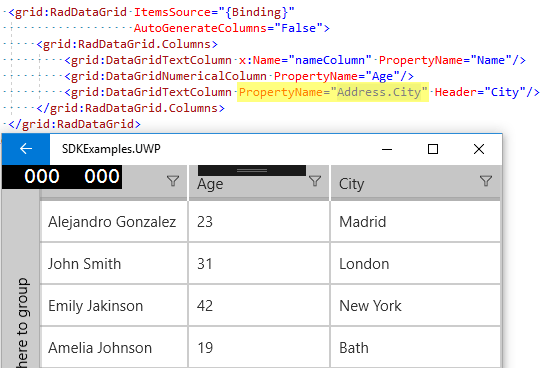 Telerik UI for UWP - DataGrid - Nested Properties Image