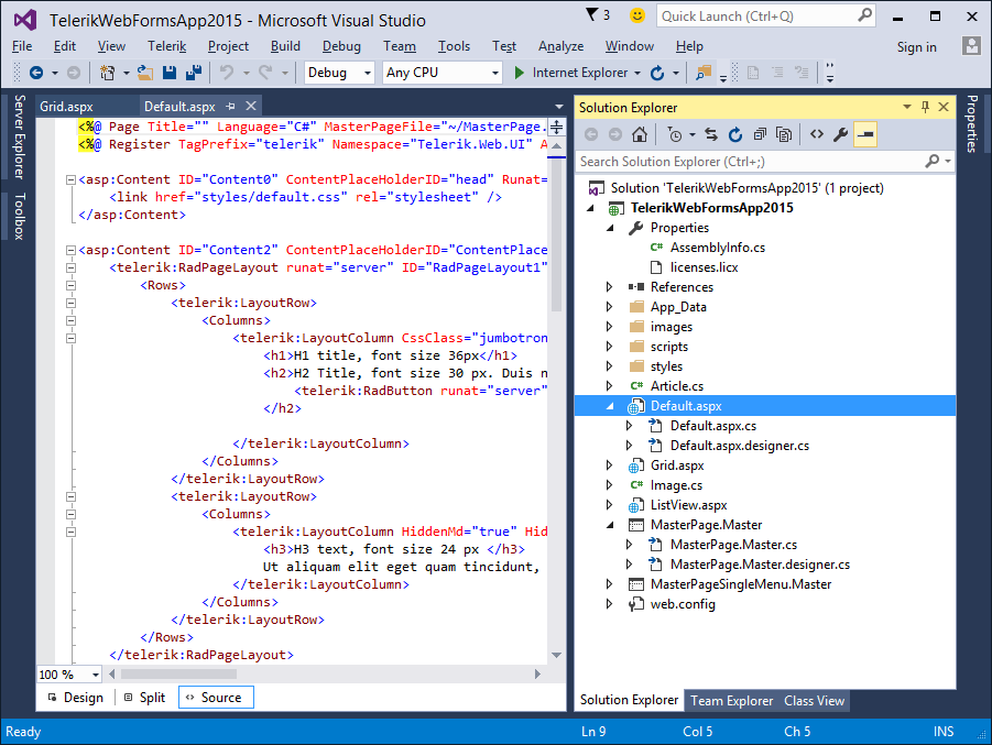 Telerik Web Forms Project Template Loaded in VS 2015 Telerik Web Forms Project Template Loaded in VS 2015