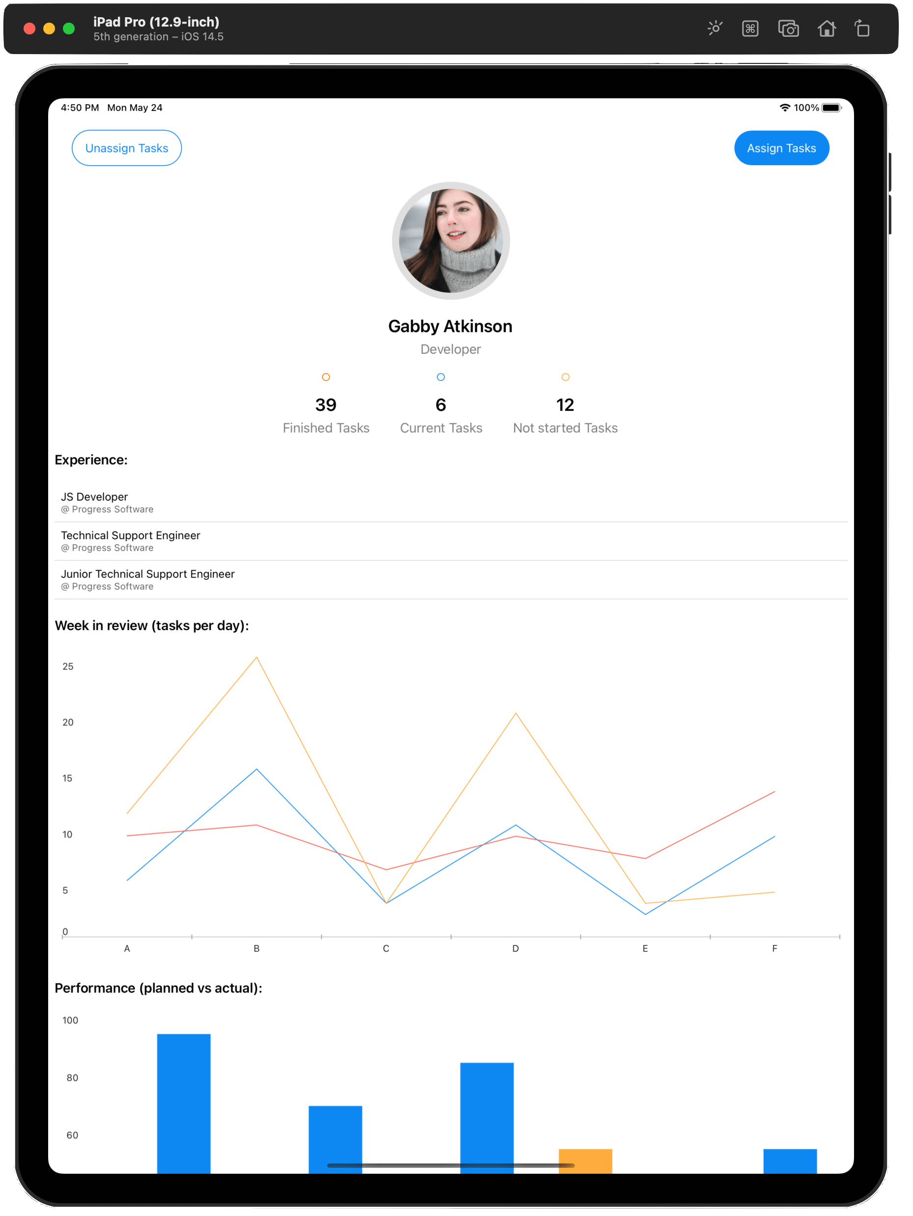 TelerikMauiOniPad TelerikMauiOniPad - An app with a person’s profile; buttons to assign and unassign tasks; numbers of finished, current and not started tasks; experience; week in review line graph; performance bar chart.
