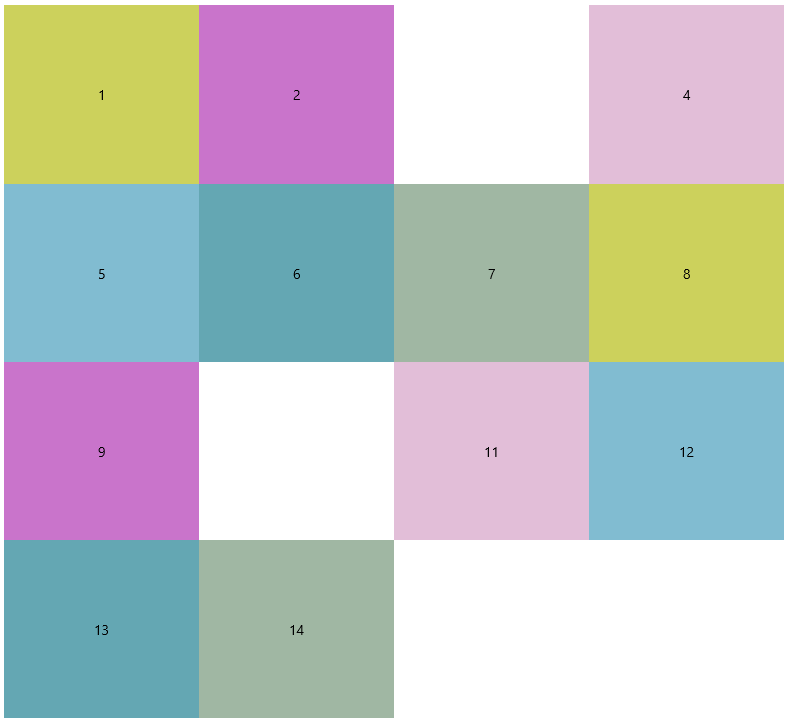 UniformGrid Uniform Grid showing 14 differently colored boxes all laid out in a grid, uniform in height and width