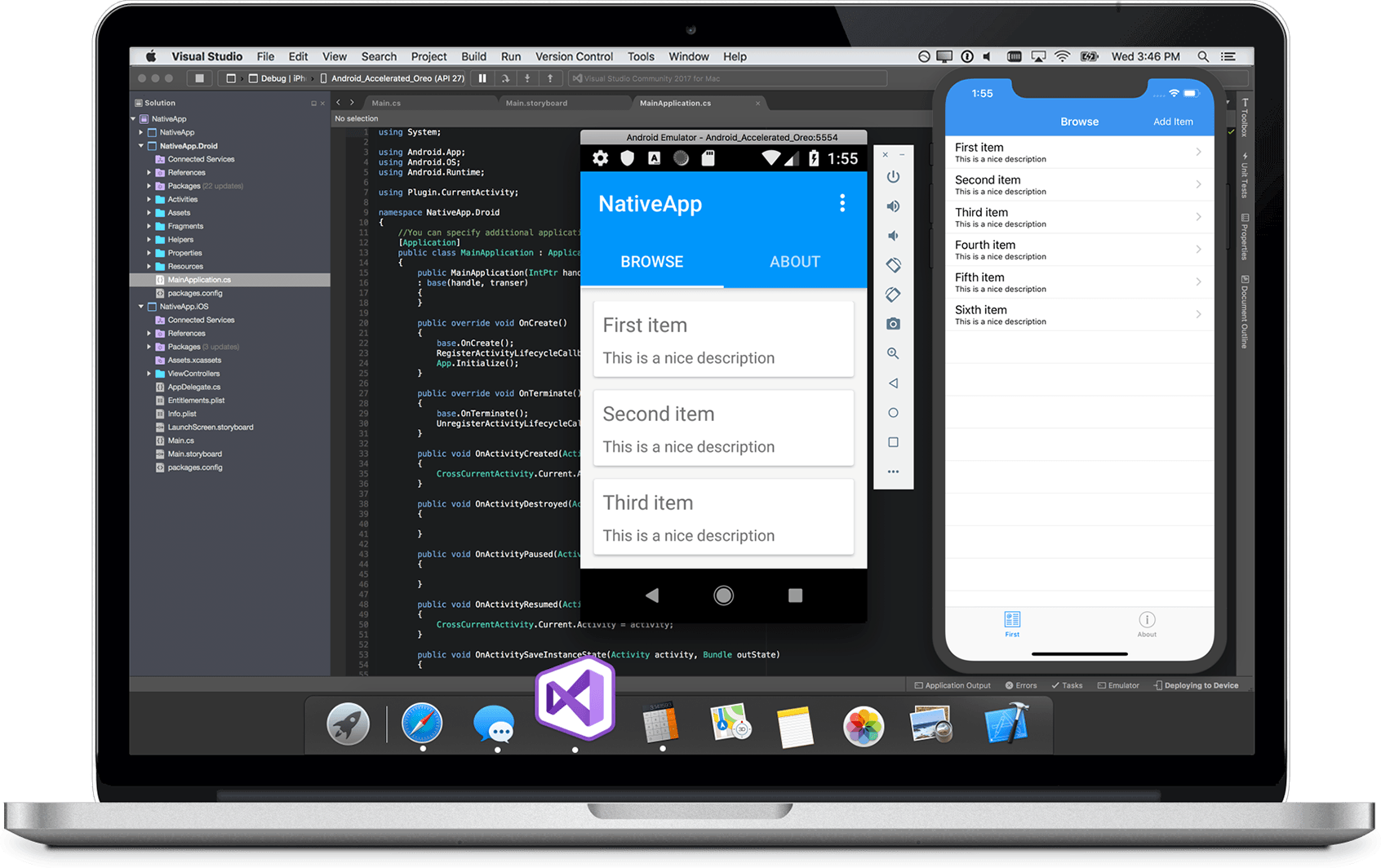 VSForMac VS For Mac: a MacBook has Visual Studio open, with an Android Emulator showing a mobile screen.