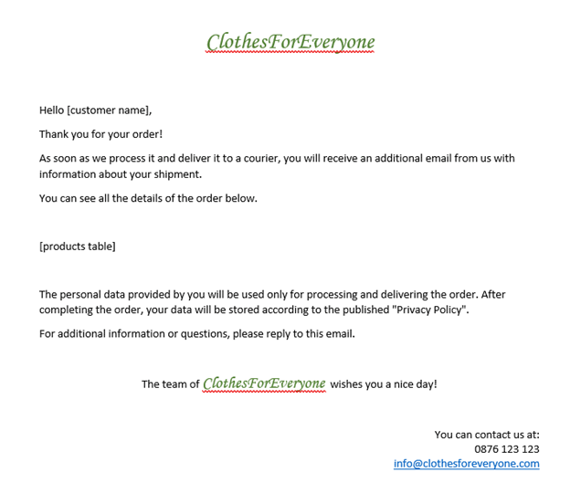 Template document to replace contents inside - with '[customer name]' and '[product table]' fields