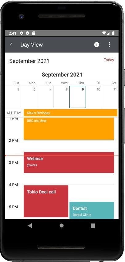 Xamarin CurrentTimeIndicator for DayView Customize CurrentTimeIndicator for Xamarin Calendar shows a red line in the day's agenda, showing the current time, so it's easy to see what's next