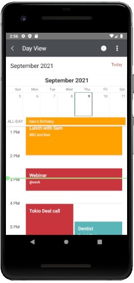 CurrentTimeIndicator for Xamarin Calendar CurrentTimeIndicator for DayView Mode in Xamarin - this time the indicator line is green instead of red