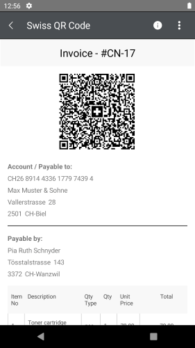 Xamarin_SwissQRCode Xamarin_SwissQRCode has a QR code with a Swiss cross in the middle. Below we see account / Payable to info and Payable by info.