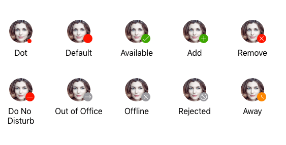 BadgeView-Types BadgeView-Types include Dot, with a small red dot at the lower right of the circular photo representing an app icon; Default, with a larger red dot at lower right (the rest of the indicators are at this default size); Available with a green dot and a checkmark inside it; Add with the green circle and a plus sign; Remove with a red circle and an X; Do Not Disturb with a red circle and a minus sign; Out of office with a gray circle and a right arrow; Offline with a gray circle and an X; Rejected with a gray circle and a No circle (the circle with a slash through it); and Away with an orange circle and a clock icon.