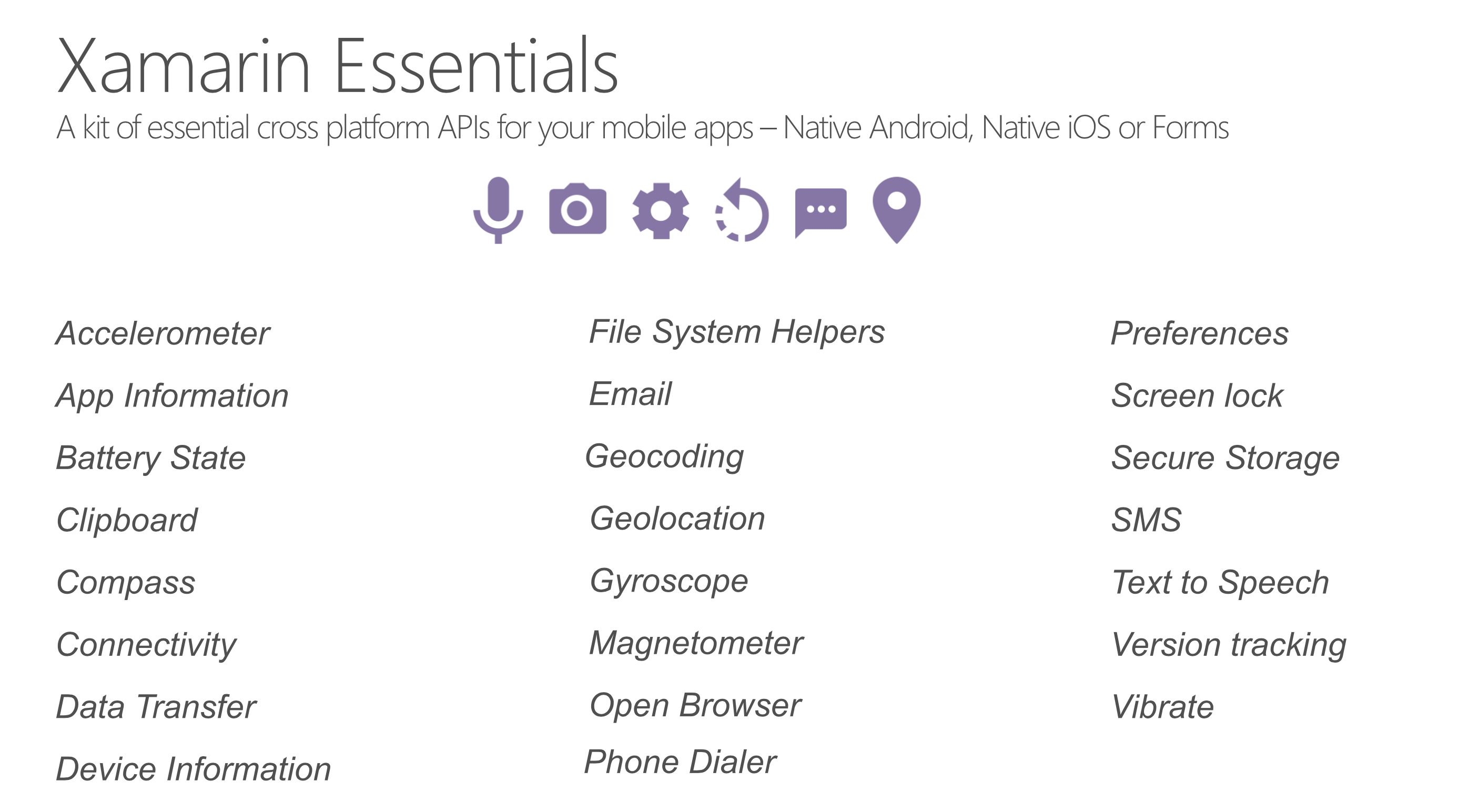 XamarinEssentials XamarinEssentials list of APIs