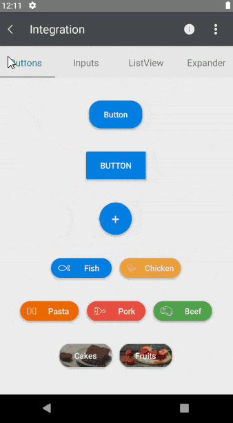 XamarinShadow_Integration XamarinShadow. Integration has tabs Buttons, Inputs, ListView, Expander. Each box has a subtle shadow around it.