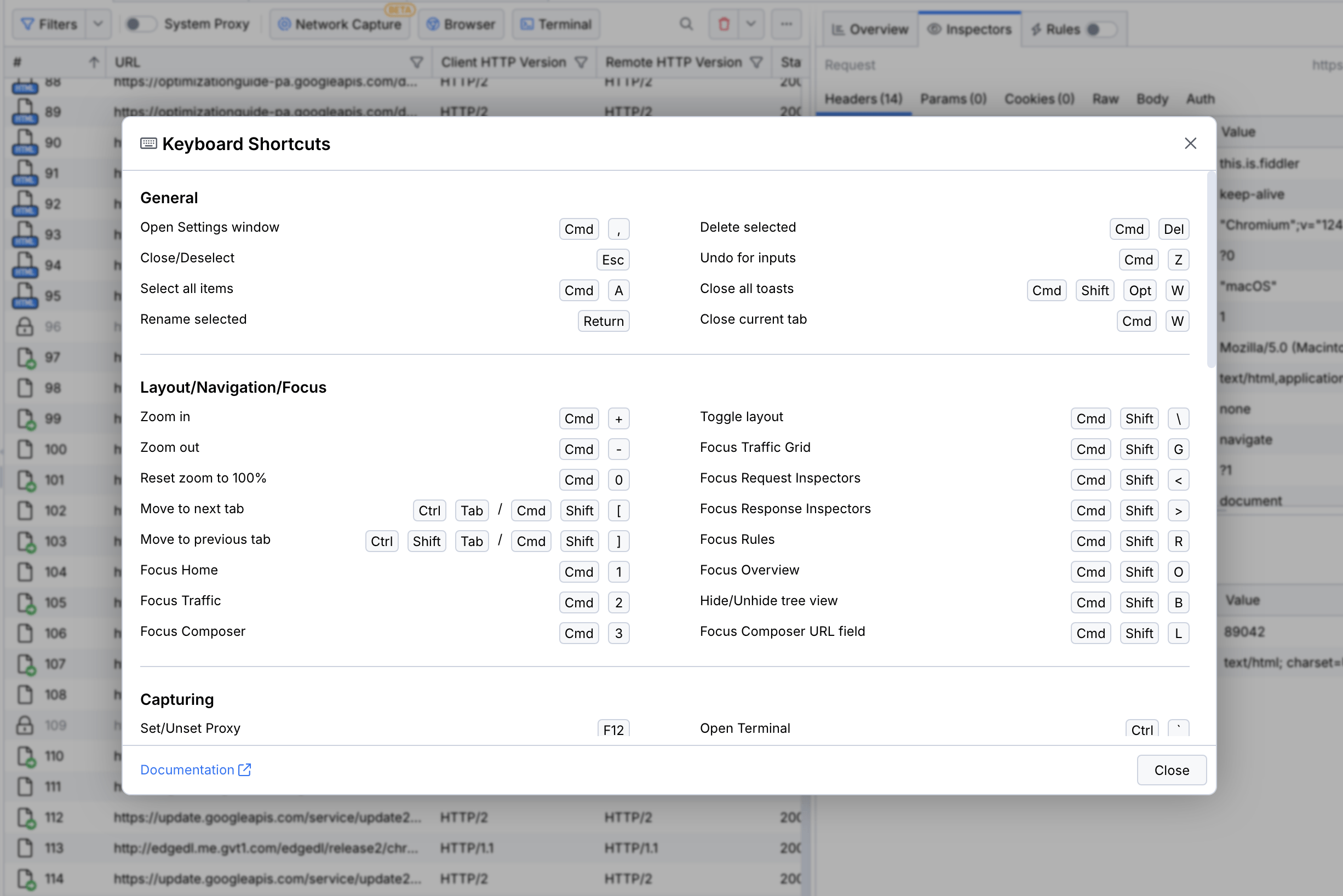 keyboard-shortcuts Fiddler Everywhere