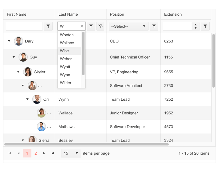 jQuery TreeList Component - Filter Row