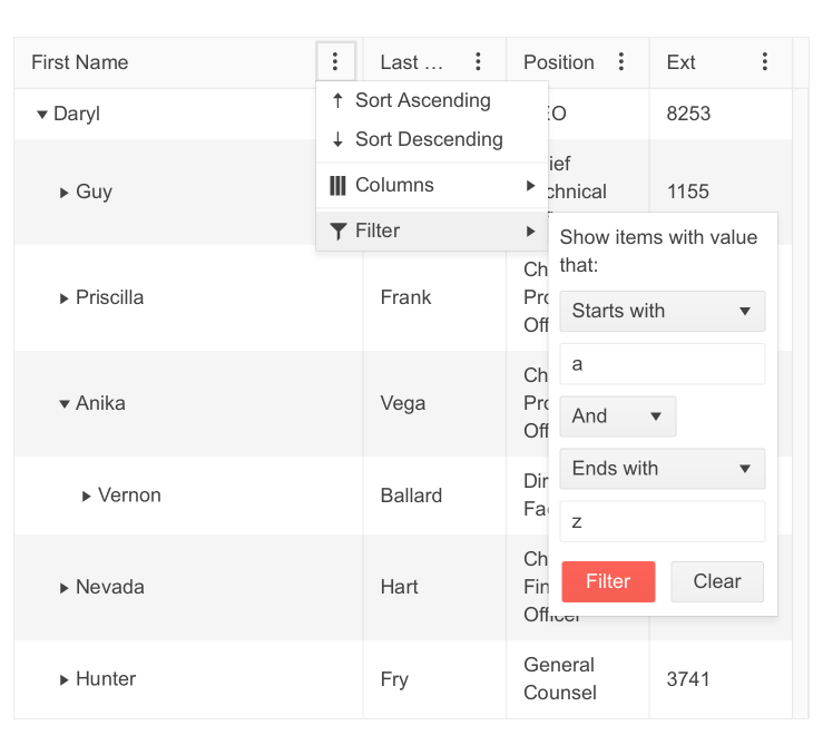 Telerik UI for ASP.NET Core TreeList - Column Menu