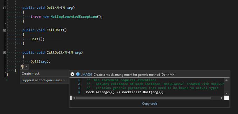 Generate code snippets for generic mock objects