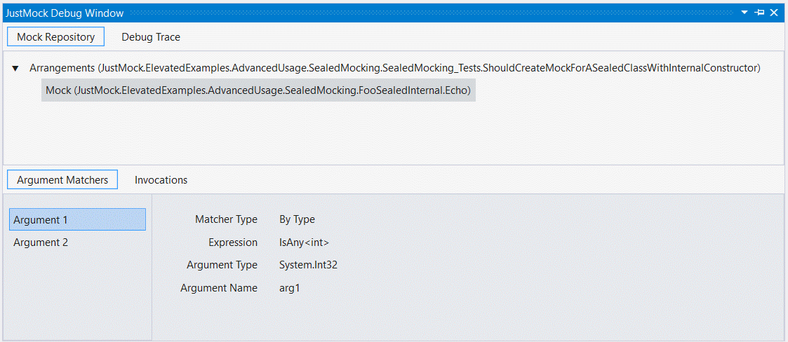 DebugWindow with arrange arguments info DebugWindow with arrange arguments info, showing two argument matchers