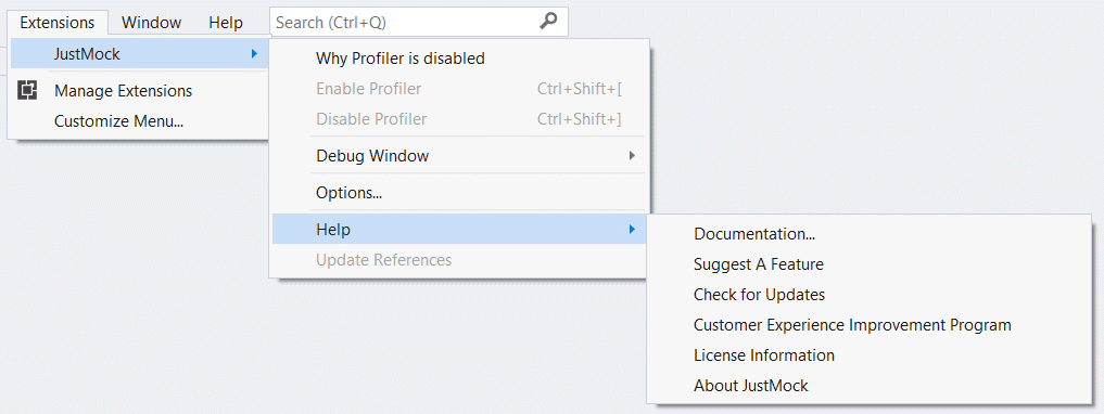 JustMock Visual Studio Extension Extensions > JustMock > Help shows Documentations, Suggest a Feature, Check for Updates, Customer Experience Improvement Program, License Information, About JustMock