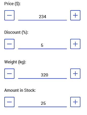 NumericInput for .NET MAUI Telerik UI for .NET MAUI NumericInput - shown here with price ($), discount (%), weight (kg), and amount in stock. Each has a number and a plus and minus sign to increment/decrement the number.