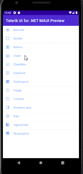 SDK-Browser demo app for .NET MAUI Telerik UI for .NET MAUI SDK-Browser - a mobile layout showing a list of Telerik UI for .NET MAUI components, which provide previews and options when selected.