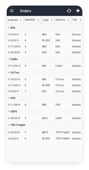 Telerik UI for Xamarin screenshot orderslist