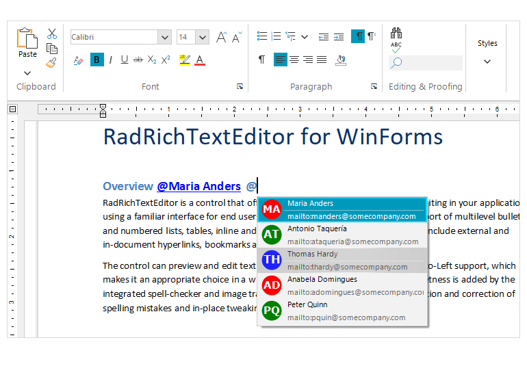 Telerik UI for WinForms RichTextEditor Support for @mentions