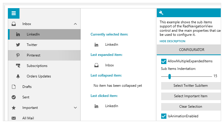Telerik UI for WPF - Sub-items support for NavigationView