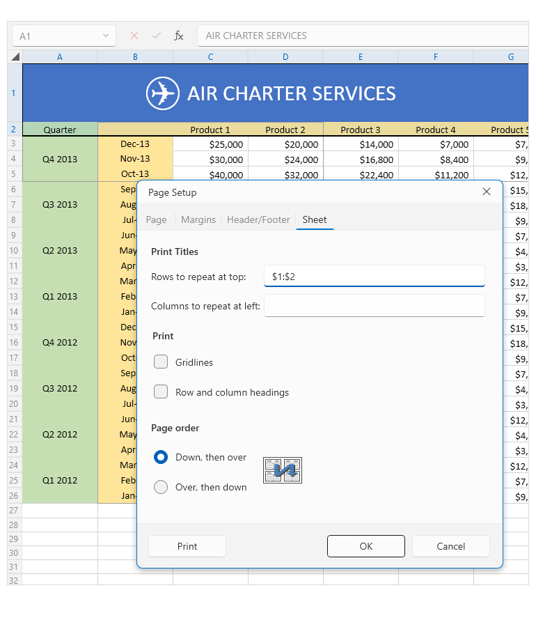 WPF Spreadsheet Print titles