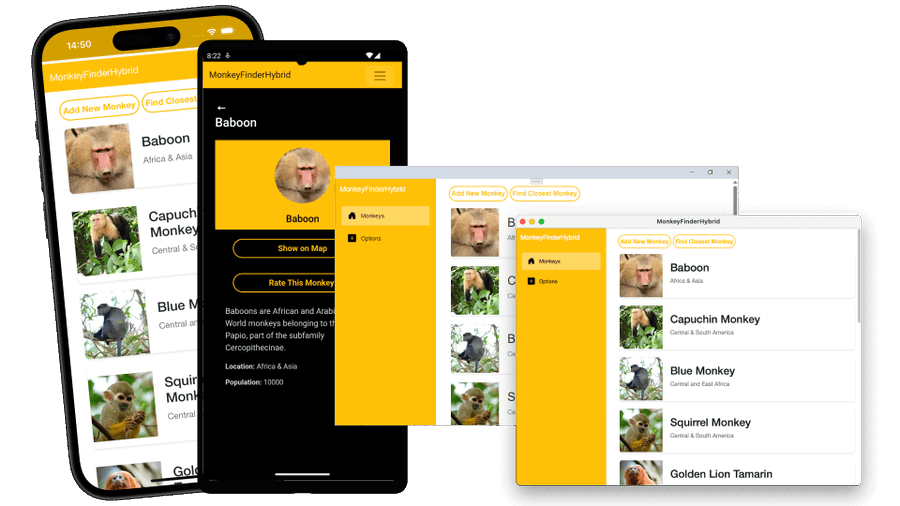 Monkey Finder app in .NET MAUI across four screens - Android, iOS, Windows, macOS